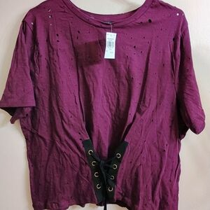Iris Maroon Distressed Lace-Up Tee